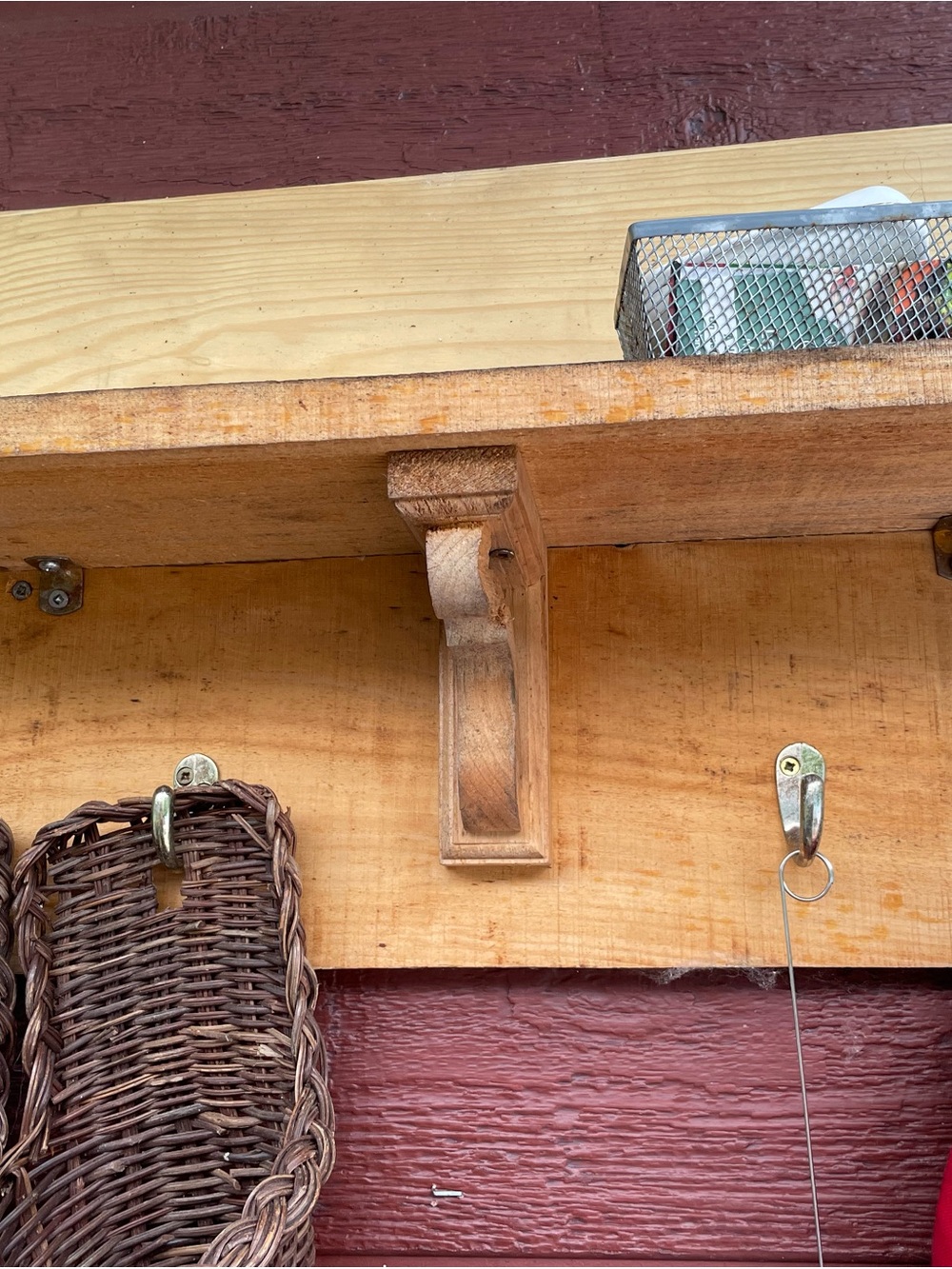 Rustic Wall Shelf with Hooks and Woven Cone Planters - - Picture 2 of 3